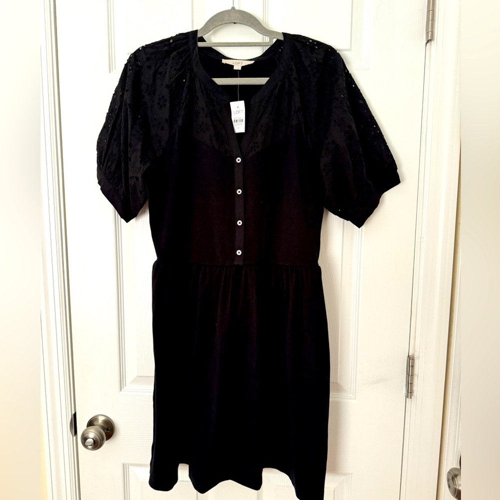 NWT LOFT Beautiful black dress with applications on the sleeves and in the front